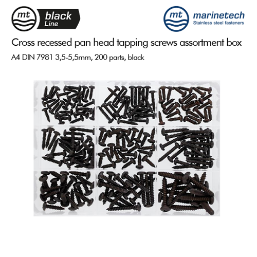 Picture of BlackLine DIN 7981 Cross Recessed Pan Head Tapping Screws Assortment Box 3,5-5,5mm 200 parts, black
