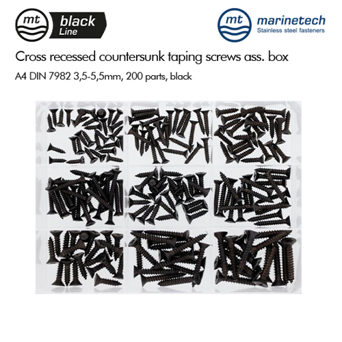 Picture of BlackLine DIN 7982 Cross Recessed Countersunk Taping Screws Assortment Box 3,5-5,5mm, 200 parts, black