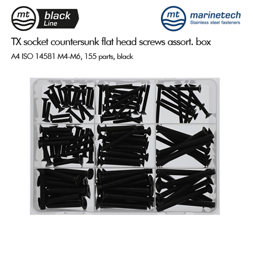 รูปภาพของ BlackLine ISO 14581 TX Socket Countersunk Flat Head Screws Assortment Box M4-M6, 155 parts, black