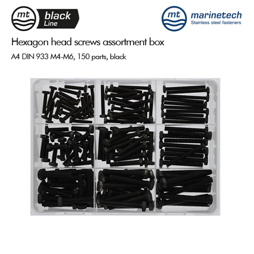 รูปภาพของ BlackLine Hexagon Head Screws Assortment Box A4 DIN 933 M4-M6, 150 parts, black